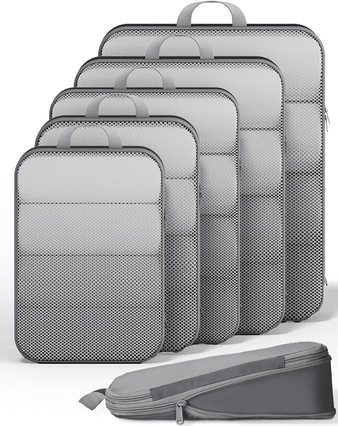 Veken 6/9/11 Set Compression Packing Cubes Garment Bags for Travel Essentials,Compressible Expandable Luggage Organizer Bags for Clothing,Space Saver Bags with Over 1000 pcs of Mesh Holes(Gray)