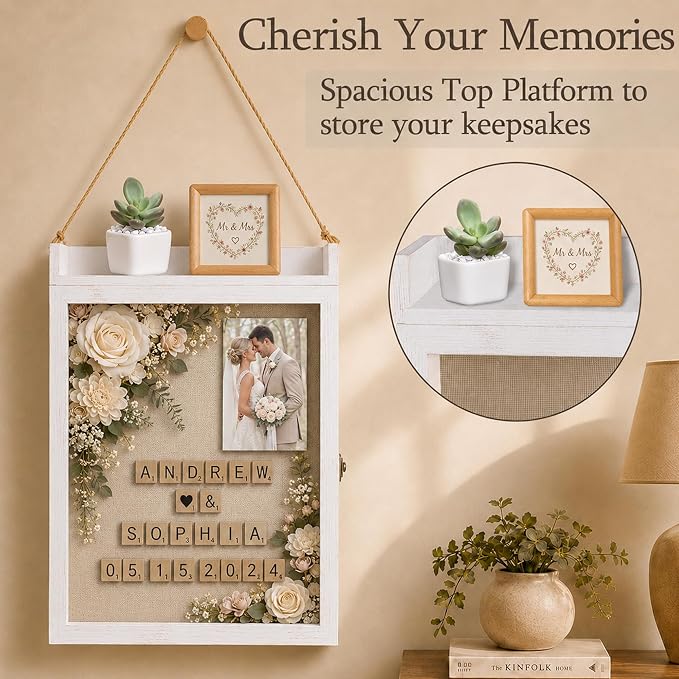 11x16 Flower Shadow Box Frame with Shelves, White