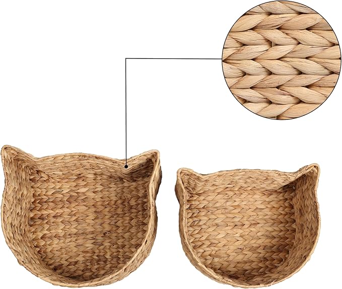 Felix Cat Shaped Hand Woven Water Hyacinth Nesting Pet Toy Organizer Baskets with Metal Frame Decorative Storage Bins for Living Room and Nursery, Brown, (Set of 2) BSK4001B-2SET