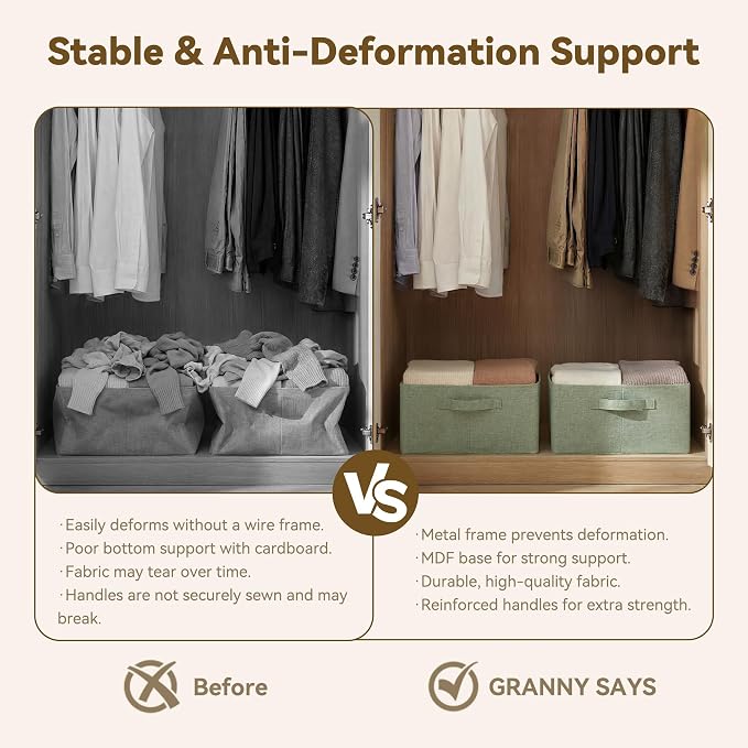 GRANNY SAYS Fabric Storage Baskets, Storage Bin, Sage Green, Large, 2-Pack | With Metal Frame, Foldable, Sturdy Handles, for Closet, Shelf, Living Room, Bedroom, Holds Blankets, Clothes, 17"x13"x7"