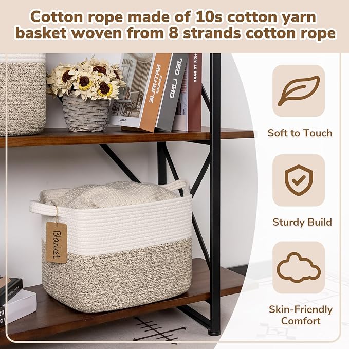 Goodpick Woven Rope Storage Basket for Shelves, Rectangle, Light Brown | 13" × 10" × 9" Stylish Gift Basket for Home Organization, Fits Dog Toys, Books & Nursery Essentials Storage, Writable Label
