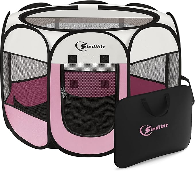 Sieidihit Dog Cat Pet Playpen Puppy Crate Cage Indoor Outdoor, Medium Pink | Nursing Rest Zone Recovering Pet Quarantine Room Portable Pop Up Easy to Set up lightweight Carrying Bag Wide applicability