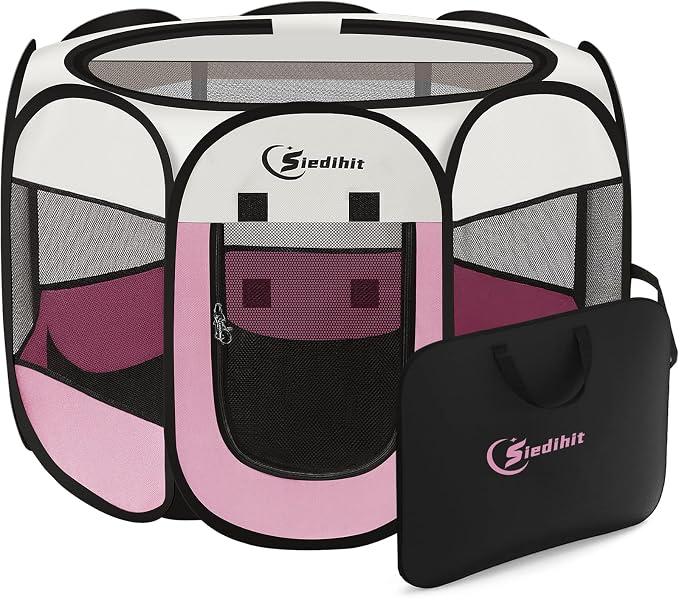 Sieidihit Dog Cat Pet Playpen Puppy Crate Cage Indoor Outdoor, Large Pink | Pet Nursing Enclosure Camping Rest Zone for Recovering Pets 600D waterproof polyester Oxford, Breathable double-layer mesh