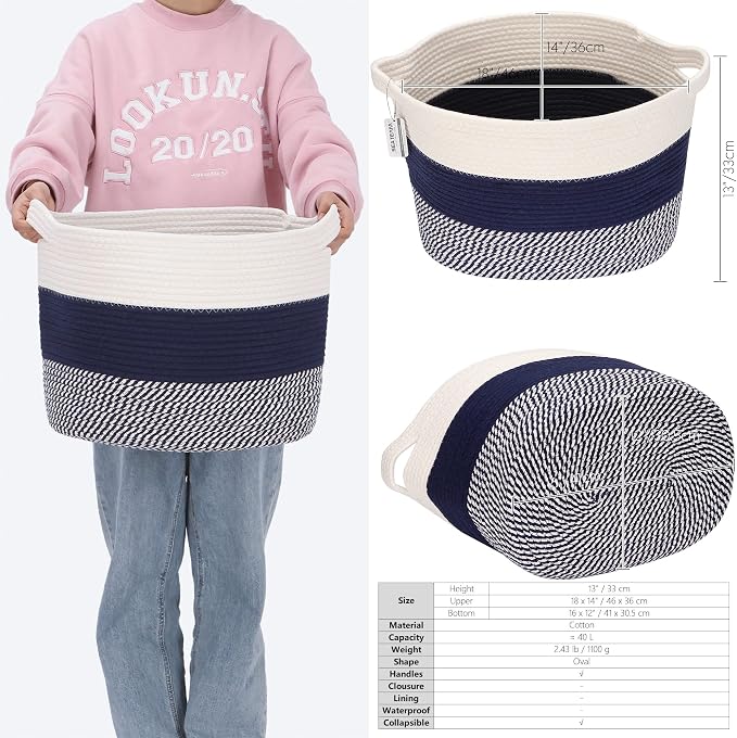 Sea Team Large Woven Cotton Rope Laundry Basket with Handles, 16 x 13 in | Collapsible Knitted Hamper, Closet Shelf Organizers, Containers for Clothing, Blankets, Toys, Bedding, Mottled Navy