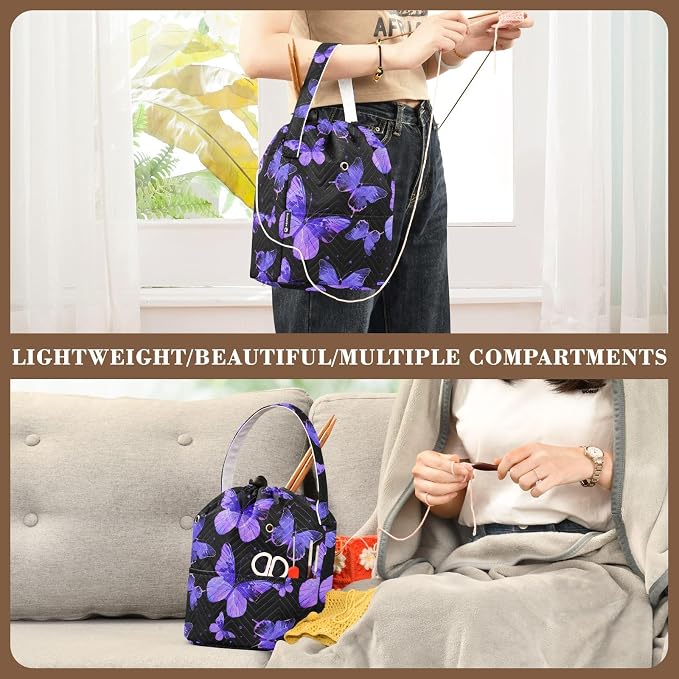 Fustylead Hand Draw Purple Butterflies Silhouette Large Crochet Organizer, Durable Polyester Drawstring Basket Yarn Storage Bag for Crochet Hooks, Knitting Needles, Project and Sewing Supplies