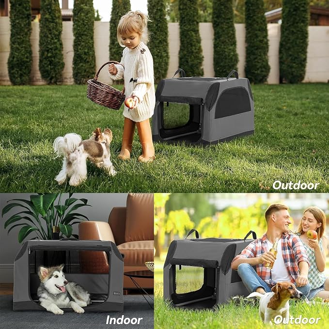 PETSFIT Collapsible Dog Crate, Portable Dog Crate - 24 Inch Sturdy Adjustable Structure, Easy to Set Up, Portable Dog Crate for Car, Light Tough with 3 Mesh Doors Grey