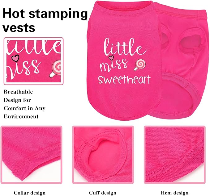 Pink Cotton Dog Shirt with 'Little Miss Sweetheart' Print, Soft & Breathable Pet Apparel for Small to Large Dogs, All-Season Sleeveless Vest, Cute and Comfortable Dog Outfit.Pink Lollipop XS