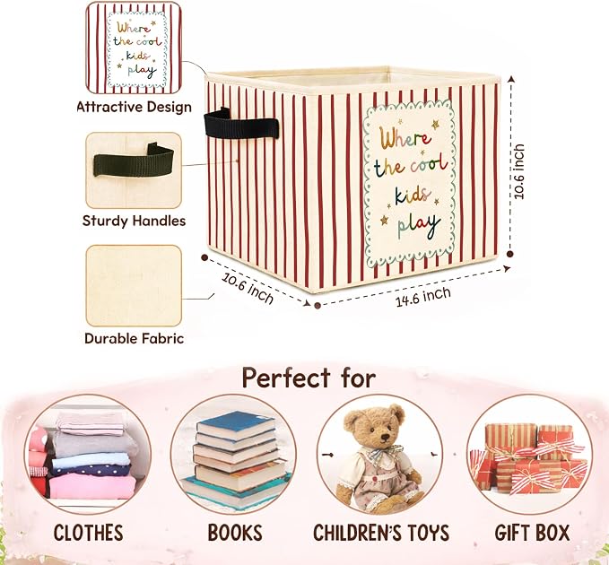 Cool Quote Storage Bin, Red Stripe Foldable Fabric Basket | Red stripe quote fabric organizer for nursery, bedroom, playroom, toys, books, and clothes