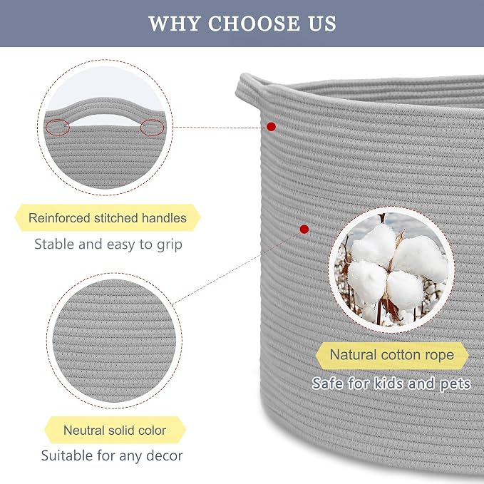 Cotton Rope Basket for Boys Kids, 87L Laundry Hamper, Light Gray
