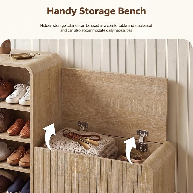 L-Shaped Shoe Storage Bench with Lift Top Box & Shelf, Natural | Durable Wood Cabinet With Hidden Storage For Entryway, Hallway, Apartment