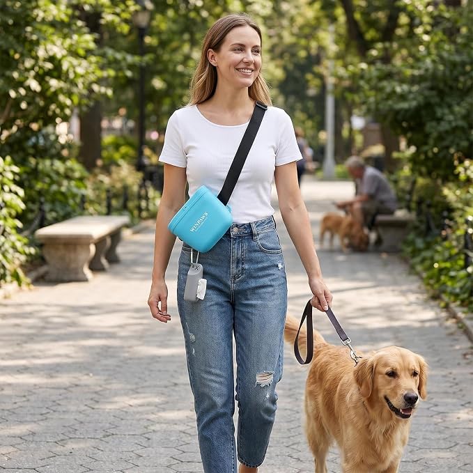 Silicone Dog Treat Pouch with Poop Bag Holder,Waterproof Magnetic Close Sealable Fanny Pack with Adjustable Waist Belt, Pet Puppy Training Essentials, One-Handed Opening with Press & Magnetic (Blue)