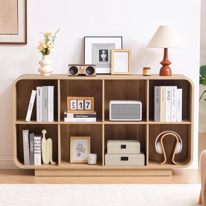 Cube Storage Organizer with Base, 8 Cube 2-Tier Bookcase, Wooden Floor Standing Storage Shelf with Rounded Corners, Anti-Tip Kit, Low Lattice Organizer for Home Office Living Room, Natural