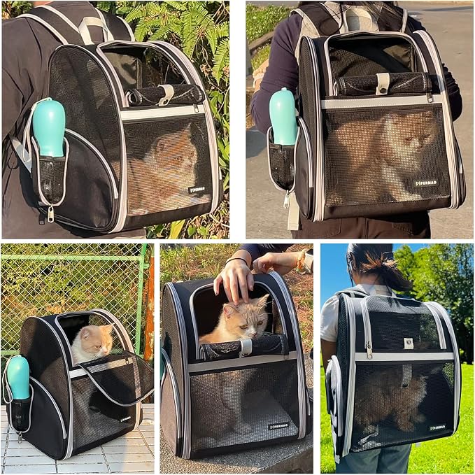 Cat Backpack Carrier for Small Dogs and Medium cat Puppy Kitten Bunny Pet Carrier Backpack Collapsible with Fully Ventilated Mesh with Safety Leash (Black, 12.9" L x 10.62" W x 15.5" H - M)