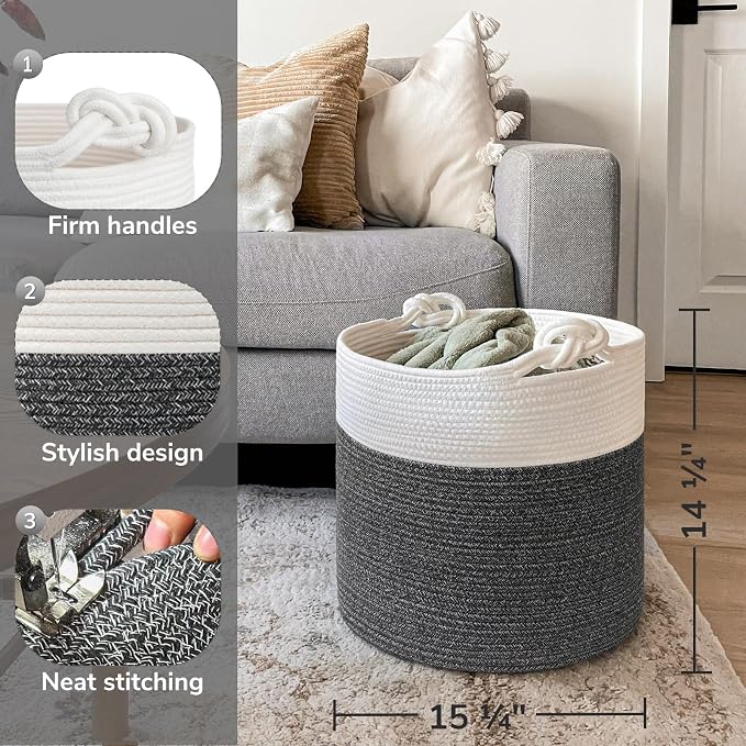 Goodpick Woven Rope Blanket Basket Living Room, 40L, Dark Grey | Baby Laundry Basket with Handles, Holds Clothes, Blankets & Pillows,Toys Storage for Kids