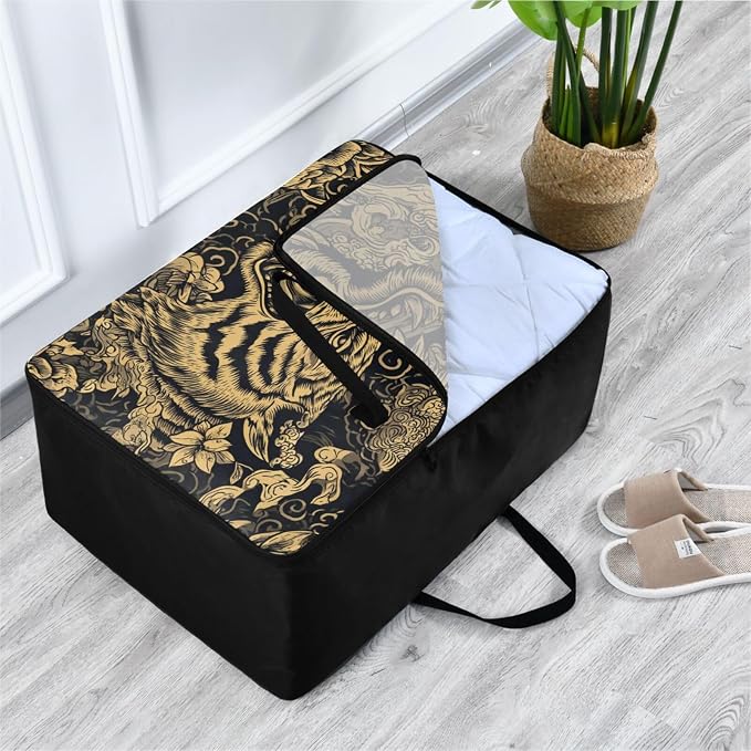 Comforter Storage Bags Large Folding Blanket Organizer Bag with Strong Handles Clear Window Closet Storage Containers for Clothes King Queen Pillows Bedding Quilt Duvet Tigers Tattoo Gold