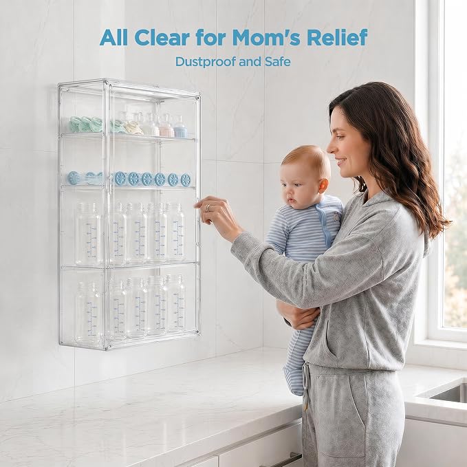 HBlife Baby Bottle Storage Organizer for Wall Countertop Cabinet, 4 Tiers Adjustable Clear Acrylic Bottles Storage Station Case Box Container with 3 Removable Dividers and Magnetic Door, Large