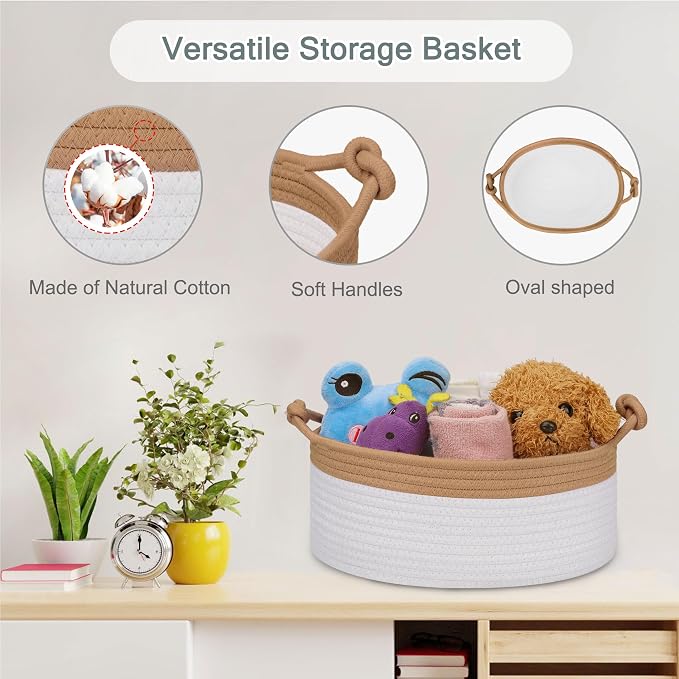 COMSE Small Gift Basket Empty with Bag & Ribbons, Camel & White | Cotton Rope, 12"x 8"x 5", Pet Toy Storage Organizer, Woven Basket for Birthdays, Baby Showers, Mother’s Day, Valentine’s Day