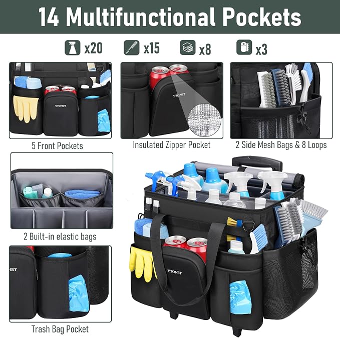 Ytonet Rolling Cleaning Caddy with Wheels, Large Rolling Cleaning Caddy | Water Resistant Cleaner Supplies Organizer with Detachable Trolley, Cleaning Carts on Wheels for Kitchen Tool Organizer