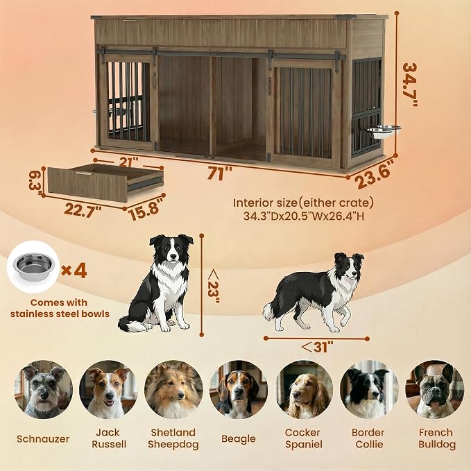 71'' Double Dog Crate Furniture, Large Dog Kennel Indoor with 360° Rotating Feeders and Removable Divider, XXL Wooden Dog Cage with Charging Station, Dog House TV Stand for Large Dog, Walnut