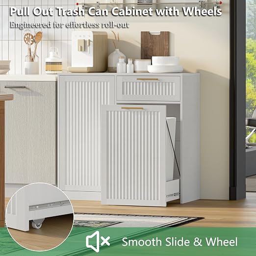Single 13 Gallon Pull Out Trash Can Cabinet with Storage Cabinet,White | Pet Proof Hidden Garbage Can Cabinet,3-Tier Shelves,Fluted Design,Extra Drawer Space,Kitchen & Dining Room Organization
