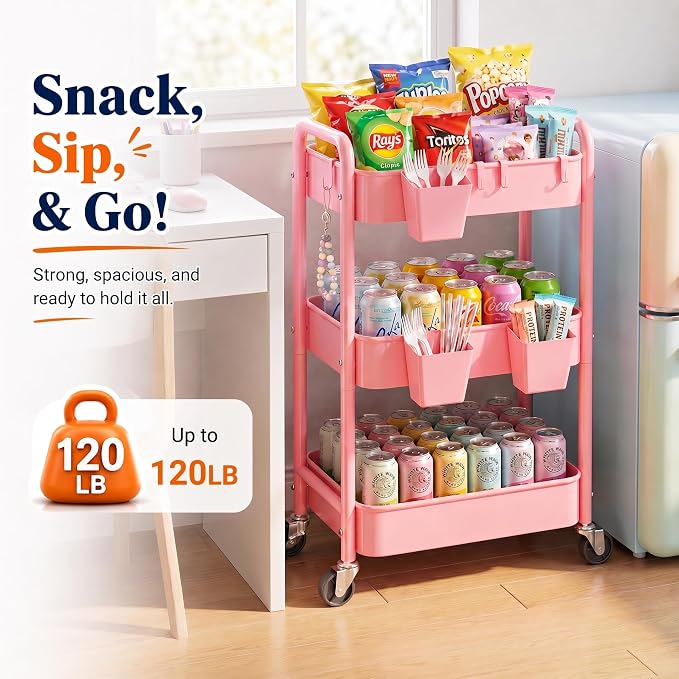 3 Tier Rolling Cart Metal with Lockable Wheels, Pink Three Tiered Diaper Caddy Cart Organizer on Wheels, Storage Utility Trolley Carts for Craft, Art, Nail, Lash, Baby Supplies, Cleaning, Mesh