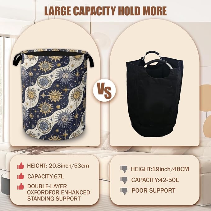 Celestial Golden Sun Moon Laundry Basket,Laundry Hamper Waterproof Oxford Cloth Tote Bag,Clothes Storage Bucket Decorative Toy Organizer for Bathroom Bedroom 16" x 20.8"