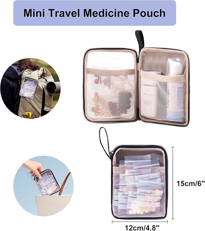Lexeeco Travel Medicine Pill Bottle Organizer Bag with Portable Small Pouch | Medication Case with Lockable Zipper for Pill,Vitamin,Medicine Storage Box for College Dorm Student,Home,First Aid Bag Empty