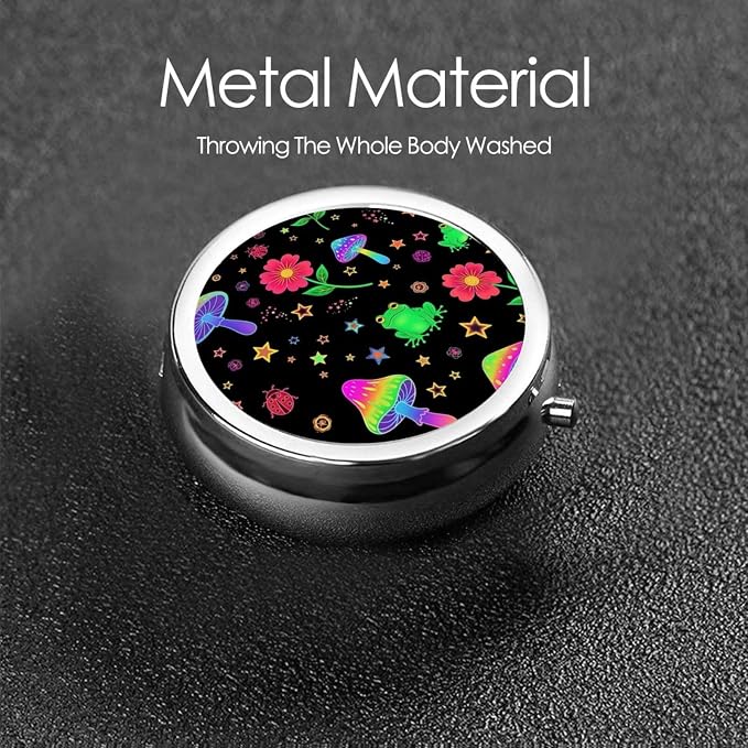 Mini Medicine Organizer, Round Pill Box Portable, 3-Section Case for Fish Oil, Travel Pill Container Purse Carry, Beautiful Magical Flowers Goth Moon Mushrooms Frogs
