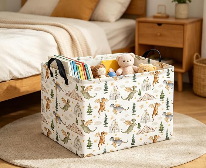 Rectangular Kids Basket Baby Girl Basket Fabric Storage Bin Organizer Box Room Decor(Castle Dinosaur)