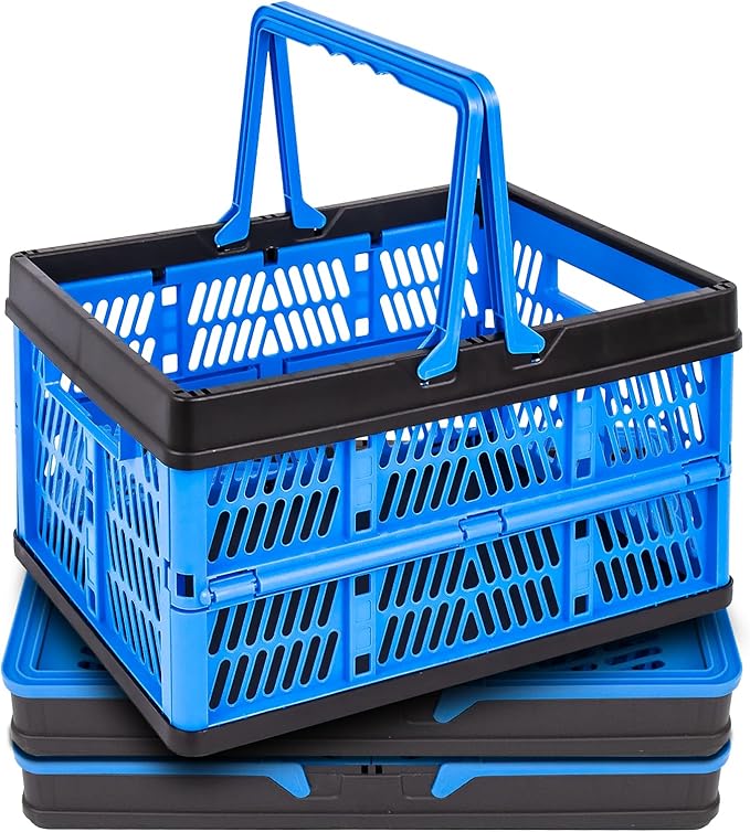 3-Pack Collapsible Storage Baskets, Stackable Plastic Crates | with Handles for Freezer Organization, Grocery Shopping, RV Camping & Home Storage, Holds 20 lbs Each, Folds Flat to 1.7"