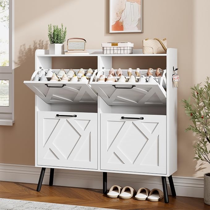 Shoe Cabinet with 4 Flip Drawers, Freestanding Shoe Organizer Cabinet with Metal Legs, Farmhouse Slim Shoe Rack Cabinet for Entryway, Foyer, Hallway, White