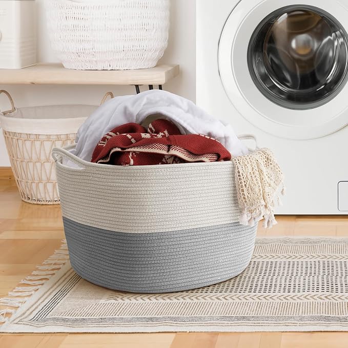 XXXLarge Blanket Basket Living Room - 22" x 22" x 14" Cotton Rope Baskets for Storage - Large Woven Basket for Toys, Towels, Pillows, Clothes- Rope Laundry Basket with Handles - Nursery Hamper Bin
