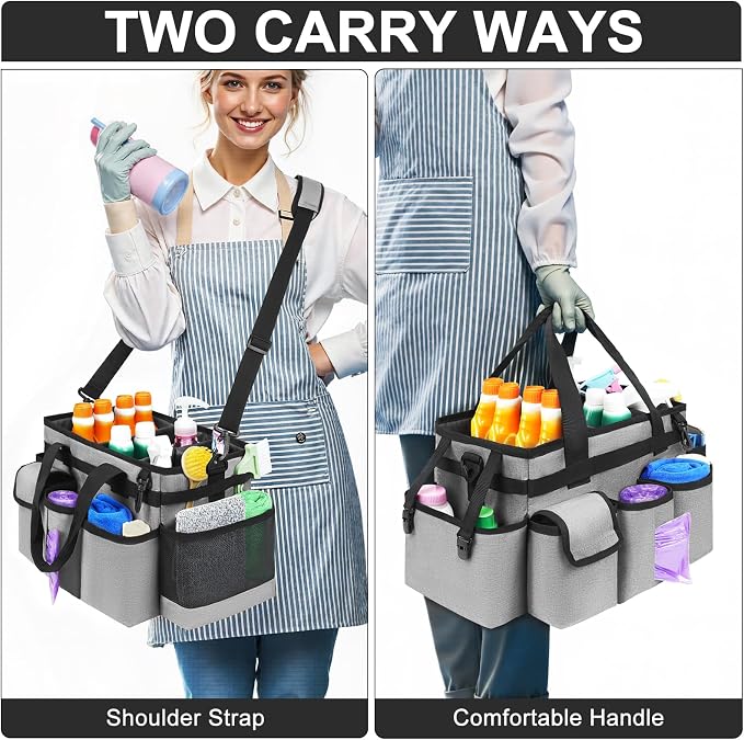 Cleaning Caddy,Cleaning Bag for Housekeepers,Cleaning Supplies Organizer with Handle,Gray