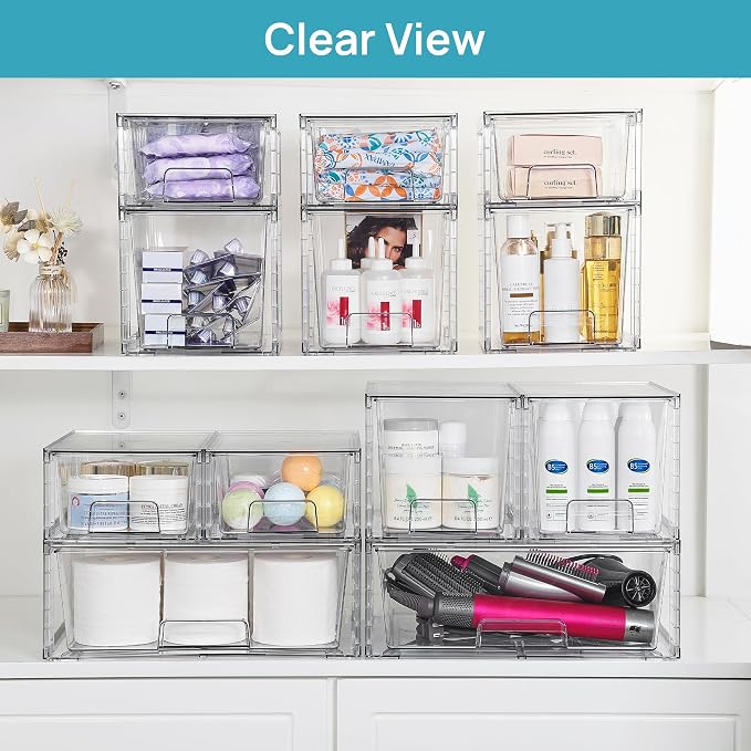 Vtopmart Clear Stackable Storage Drawers, 7 Pack Multi Size Set | Wide, Medium and Small Pull-Out PET Drawers for Flexible Organization, Stackable Storage for Cabinets, Closets, Pantry