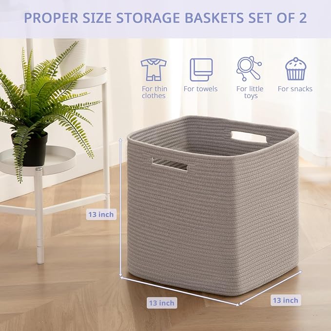 OIAHOMY 2 PACK Cube Storage Bin 13 Inch Collapsible Storage Cube Grey | Cube Storage Organizer Storage Bins for Shelves Baskets for Organizing Woven Rope Storage Baskets