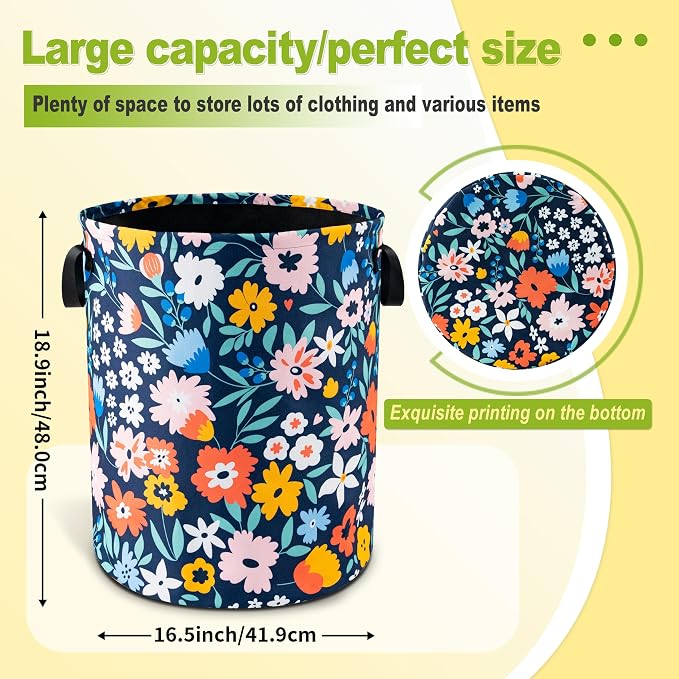Folk Floral Art Laundry Basket Foldable Waterproof Hamper 18.9 x 16.5 Inch | Oxford Cloth With Reinforced Handles Lining Design Large-Capacity Storage For Bathrooms/Laundry Rooms/ Living Rooms/Bedrooms