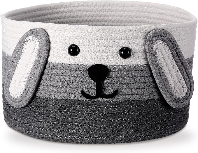 Zopeal Dog Woven Basket, 11.8" D x 6.7" H Cotton Rope Toy Storage Organizer, Dog Mom Gift Empty, Cute Laundry Puppy Gift Animal Basket for Clothes, Towels, Toy, Laundry, Bathroom, Home(White, Gray)