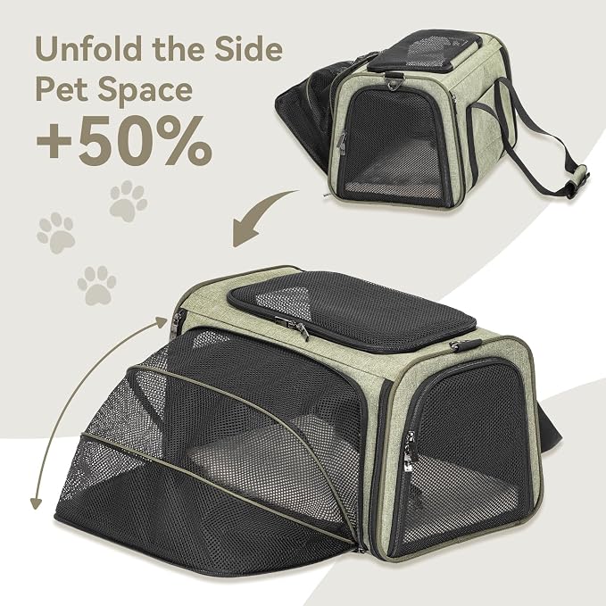 Petsfit Small Expandable Cat Carrier for Air Travel, Up to 9 lb | 16 x 10 x 9 in; sized for Alaska Airlines, with locking zippers, an interior safety tether and multi-side ventilation.