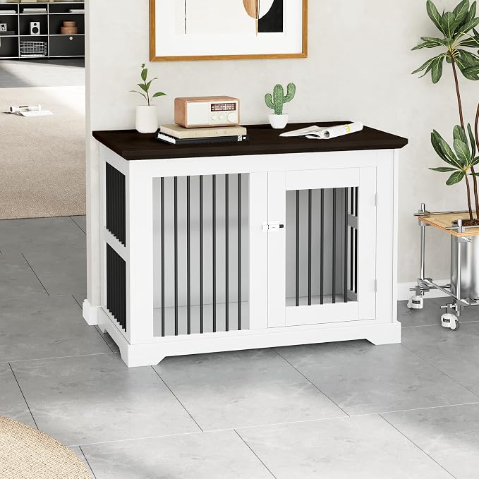 44" Wooden Dog Crate Furniture,Large Kennel Pet Cage End Table for Indoor | for XXL XL Medium Dogs, White and Wood, Fits Living Room Bedroom, Heavy Duty Steel Frame with Lock 100 lbs Cap, 100 lbs Top.