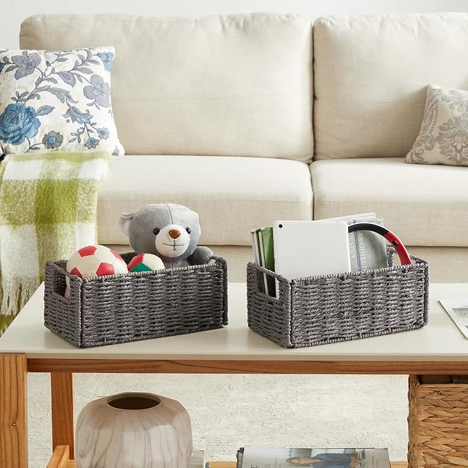 Vagusicc Wicker Storage Basket, Set of 2 Grey Baskets for Toilet Paper | Hand-Woven Wicker Baskets, Small Storage Baskets for Organizing with Handles Foldable Cube Storage Organizer Bins for Shelves