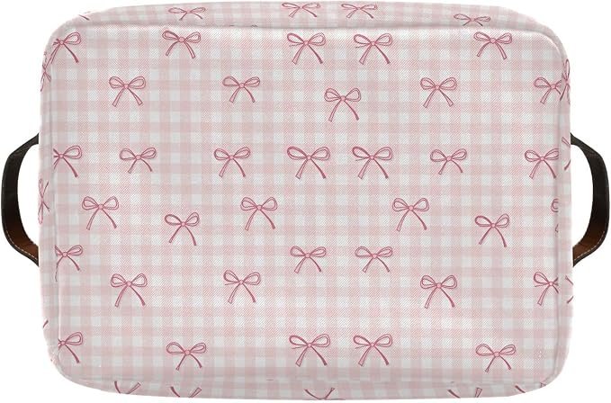 Wamika Pink Cherry Bow Storage Basket with Waterproof Liner and PU Handles Coquette Bowknot Storage Bins Boxes 14.2" Collapsible Decorative Organizer Baskets for Bedroom Closet Office 2 Pack