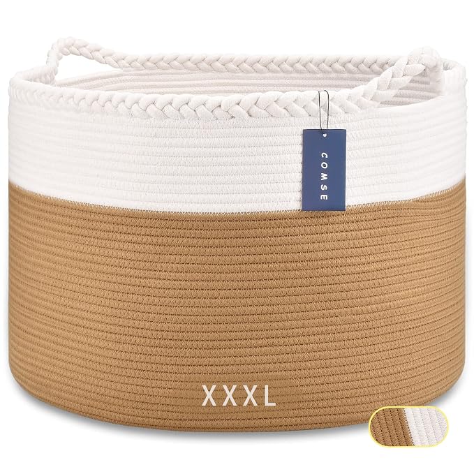 COMSE XXXLarge Woven Blanket & Laundry Basket, 87L, White & Camel | 21.7" x 13.8", Cotton Rope, Nursery Hamper for Storage of Toys Clothes Towels, Ideal for Living Room Bedroom Bathroom