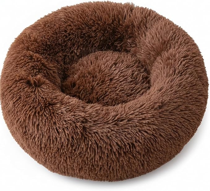 Soft Plush Round Pet Bed for Cats or Small Dogs, Mini Sized Dog Cat Bed | Soft Long Shag Faux Fur, Warming Cushion, Anti Slip Water Resistant Base, Machine Washable for Kittens, Ferret, Bunny Pets