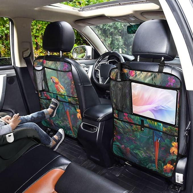 JIPONI Car Backseat Organizer, Parrot Macaw Tropical Automotive Back Seat Protector, Kick Mats with Storage Pockets for Kids Pets, Road Trip Accessories