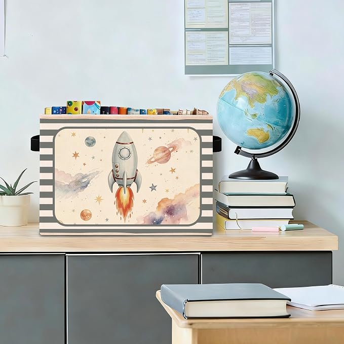 Rocket Storage Bin, Space Rocket Blue Gray Stripe Fabric Basket | Foldable space rocket fabric organizer for nursery, bedroom, playroom, toys, books, and clothes