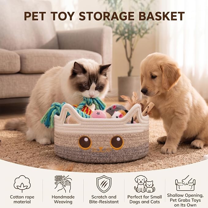 Small Cotton Rope Storage Basket,Round Cat Toy Basket for Living Room,Brown | Cute Decorative Dog Toy Basket, Toy Bin for Baby, Pet, Gift Basket for Halloween, Baby Shower , 11"×11"×4.7"