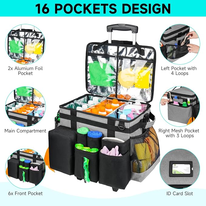 Cleaning Cadddy Bag with Rolling Cart, Large Cleaning Bag with Wheels | Cleaning Supplies Organizer with Detachable Trolley for Housekeepers, Housekeeping Cleaning Cart with Shoulder Strap & Handle