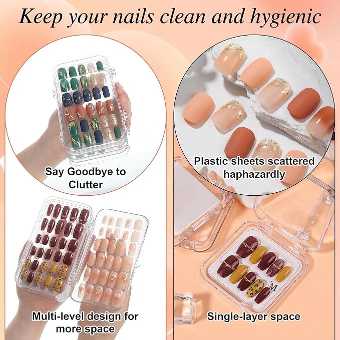 Inmorven Press On Nail Storage Box, Tri-Fold Transparent PET Nail Organizer Case with 30pcs Double-Sided Adhesive Tape, Portable 3-Layer Fake Nails Display Holder for Travel & Home