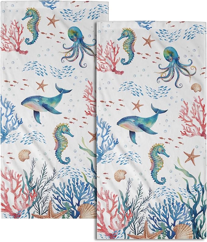 Giwawa Coastal Ocean Hand Towels Set of 2 Seahorse Whales Soft Microfiber Bath Towels Summer Fingertip Towels for Bathroom Kitchen Gym Spa Decor