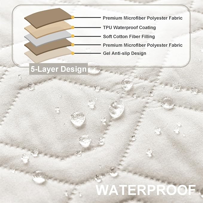 Waterproof Armrest Chair Covers with 6 Side Pocket 1 2 3 Seater Anti-Slip Chair Headrest Cover Armchair Slipcover Washable Protector for Pets Leather Sofa Couch (Ivory White,2 Seater 4PCS)